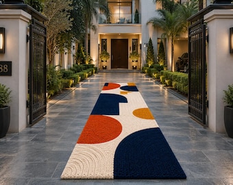 Handmade Tufted Runner Rug, Modern Geometric Hallway Carpet, Navy Orange Cream Abstract Rug, Luxury Entryway Runner, Scandinavian Tufted