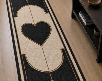 Luxury Heart Runner Rug, Black Cream Hallway Rug, Handmade Tufted Runner Carpet, Modern Aesthetic Rug, Minimalist Entryway Rug, Nordic Home