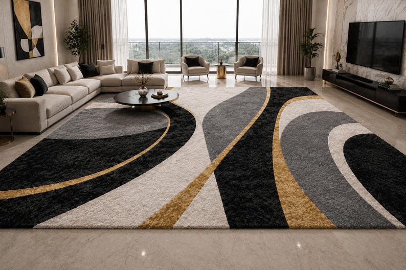 May include: A large area rug with a modern design. The rug features a pattern of black, gray, beige, and gold curved shapes. The rug is placed in a living room with a sectional sofa and large windows.
