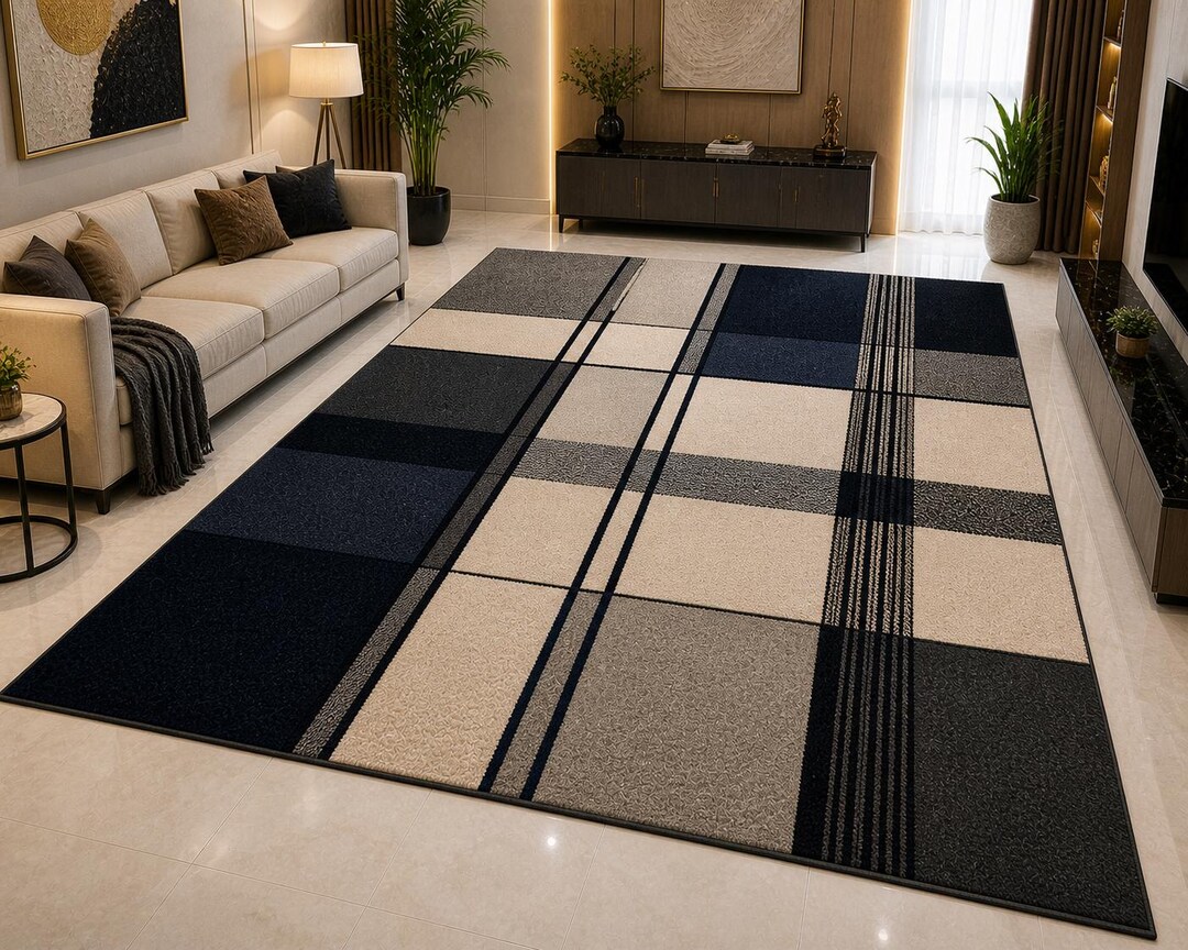 Modern Checkered Area Rug, Black Grey Cream Tufted Carpet, Minimalist ...