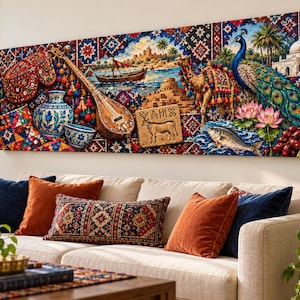 May include: A panoramic canvas wall art print featuring a vibrant collage of cultural elements including a sitar, a camel, a peacock, a dhow boat, a stone tablet with ancient carvings, lotus flowers, and a patterned background with geometric motifs.