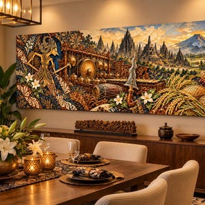 Art mural culturel indonésien, décor culturel javanais, art Batik Wayang Gamelan, patrimoine Java, impression sur toile panoramique 3:1.