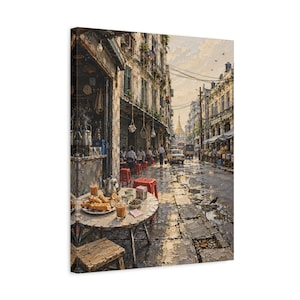 May include: An oil painting depicting a street scene with a round table in the foreground holding glasses of tea and fried dough. The wet cobblestone street features people, a white car, and old buildings under a soft sky with a distant golden pagoda.
