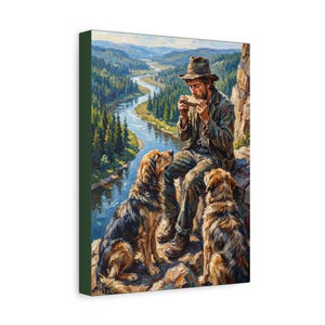 Man Playing Harmonica with Two Dogs Canvas Print | Mountain River Wall Art print | Impasto Oil Painting | Hiking Decor | Dog Lover Gift