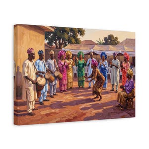 May include: A painting depicting a group of people in vibrant traditional attire gathered outdoors. Two individuals play drums while others stand or dance in a circle. The scene features warm earth tones, a light-colored canopy, and trees.