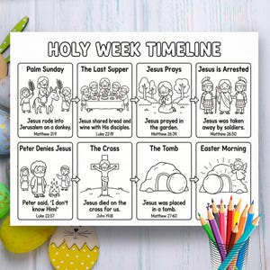 Op de afbeelding: Zwart-wit kleurplaat met de tijdlijn van de Goede Week met acht geïllustreerde scènes, waaronder Palmzondag, het Laatste Avondmaal en Paasmorgen. De tekst bevat bijbelverzen en titels. Gekleurde potloden en paaseieren staan op de achtergrond.