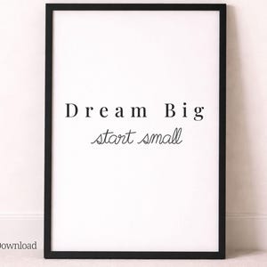 Lámina decorativa "Sueña en grande" para imprimir, lámina con cita minimalista, póster con tipografía moderna, decoración de pared en blanco y negro, descarga instantánea.