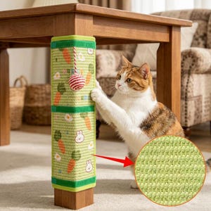 Peut inclure: Un griffoir pour chat vert clair fixé autour d'un pied de table en bois, orné d'un motif de carottes orange, de lapins blancs et d'œufs au plat. Une petite balle rayée rouge et blanche est suspendue, avec un encart circulaire montrant la texture.