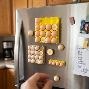 Può includere: Una collezione di magneti in plastica a forma di uovo, di colore giallo e marrone chiaro, disposti in supporti a griglia su un frigorifero in acciaio inossidabile. Il set include un supporto quadrato grande, uno piccolo, una striscia e magneti singoli.