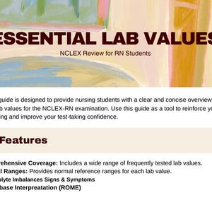 Puede incluir: Una guía de estudio titulada "ESSENTIAL LAB VALUES" para la revisión del NCLEX. La guía incluye características clave como cobertura completa de valores de laboratorio, rangos normales, desequilibrios electrolíticos e interpretación ácido-base. Fondo abstracto.