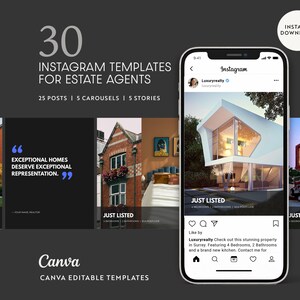 Op de afbeelding: Een digitale productmockup met 30 Instagram-sjablonen voor makelaars. De sjablonen omvatten 25 berichten, 5 carrousels en 5 verhalen. De afbeelding bevat een smartphone met een Instagram-bericht en het Canva-logo.