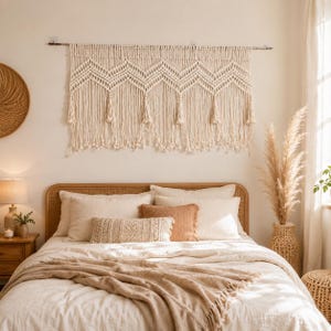 May include: A large off-white macrame wall hanging featuring a repeating chevron pattern and long vertical fringe, suspended from a horizontal metal rod. The piece is crafted with intricate knotted cord work and finished with decorative tassels.