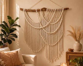 Painel de parede em macramê boho feito à mão - Decoração de parede grande em madeira e fibra