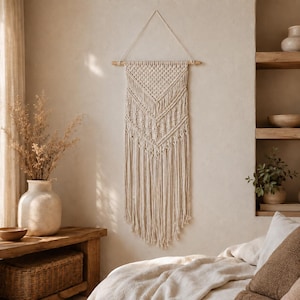 May include: A beige macrame wall hanging with a geometric design. The wall decor is suspended from a wooden dowel and features a series of knotted patterns and long fringe. The piece is displayed in a neutral-toned bedroom.