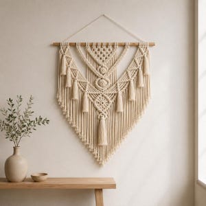 Puede incluir: Un tapiz de pared de macramé color crema con un diseño geométrico. La decoración de la pared presenta una barra de madera en la parte superior, con intrincados nudos y detalles de flecos. La pieza está colgada contra una pared neutra, creando una estética bohemia.