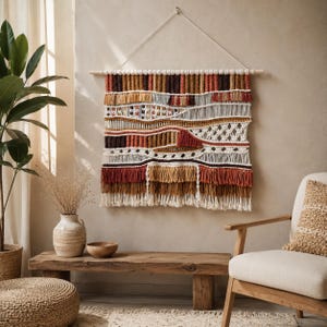 May include: A rectangular macrame wall hanging suspended from a wooden dowel with a white cord. The textile features a complex pattern of woven knots and fringe in earthy tones of cream, mustard yellow, burnt orange, and deep chocolate brown.