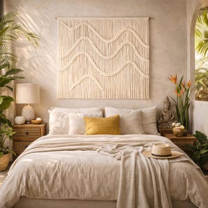 May include: A bedroom with a bed dressed in beige linen bedding, a yellow cushion, and a woven throw. A macrame wall hanging with a zigzag pattern is above the bed. A straw hat sits on the bed, and a lamp and bedside table are on the left.