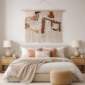 Pode incluir: Uma cena de quarto com uma cama com cabeceira bege, roupa de cama branca e almofadas decorativas em tons de bege e laranja. Uma tapeçaria de parede tecida com borlas está pendurada acima da cama. Duas mesas de cabeceira com lâmpadas ladeiam a cama e um pufe tecido fica aos pés da cama.