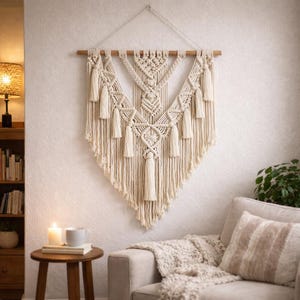 May include: A large, cream-colored macrame wall hanging with a wooden dowel. The intricate design features geometric patterns, tassels, and knotted details. The wall decor is displayed on a white wall, creating a bohemian aesthetic.