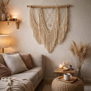 May include: A beige macrame wall hanging with a wooden rod, displayed above a sofa with pillows and a blanket. The room has a neutral color palette, with a lamp, candles, and a small table with a coffee cup. The decor has a bohemian style.