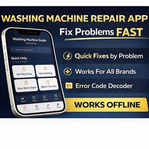 Może przedstawiać: Smartfon wyświetla aplikację do naprawy pralki. Aplikacja, zatytułowana "Washing Machine Guide", oferuje szybkie naprawy, działa dla wszystkich marek i zawiera dekoder kodów błędów. Funkcje aplikacji są podświetlone na ciemnoniebieskim tle.