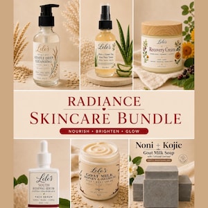 May include: A skincare bundle featuring Lele's Gentle Deep Cleansing wash, Rice + Green Tea Aloe Face Toner, Recovery Cream, Youth Renewal Serum, Goat Milk Honey & Oatmeal cream, and Noni + Kojic Goat Milk Soap. The set includes various bottles, jars, and soap bars.