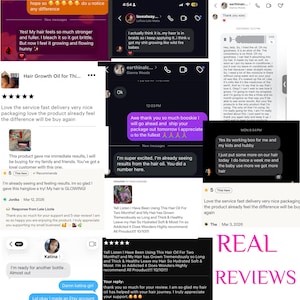 Pode incluir: Uma colagem de capturas de ecr&atilde; digitais exibindo avalia&ccedil;&otilde;es de clientes e conversas de texto sobre &oacute;leo de crescimento capilar. O texto inclui feedback positivo sobre a textura do cabelo, crescimento e satisfa&ccedil;&atilde;o com o produto.