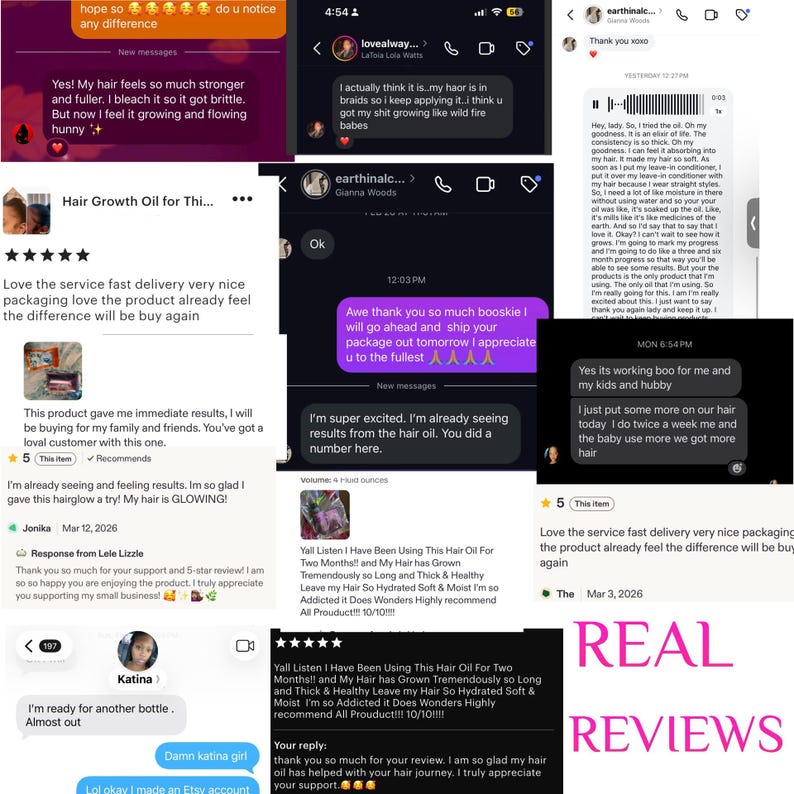 Pode incluir: Uma colagem de capturas de ecr&atilde; digitais exibindo avalia&ccedil;&otilde;es de clientes e conversas de texto sobre &oacute;leo de crescimento capilar. O texto inclui feedback positivo sobre a textura do cabelo, crescimento e satisfa&ccedil;&atilde;o com o produto.