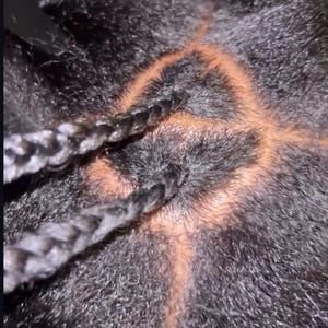 Pode incluir: Uma vista aproximada de cabelo escuro e texturizado, estilizado com divis&otilde;es geom&eacute;tricas precisas e limpas que criam uma sec&ccedil;&atilde;o triangular. Duas tran&ccedil;as finas e apertadas estendem-se do couro cabeludo, real&ccedil;ando o contraste com a pele.