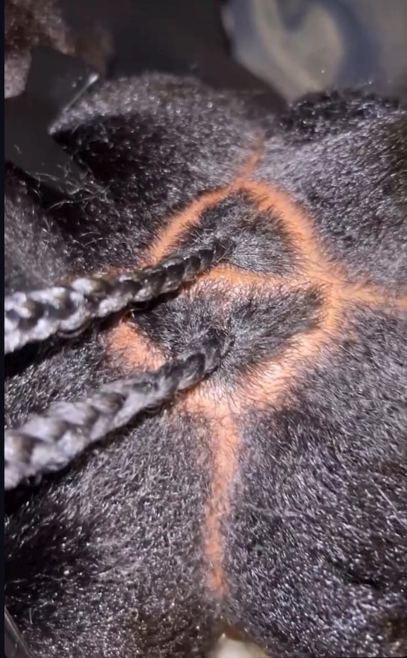 Pode incluir: Uma vista aproximada de cabelo escuro e texturizado, estilizado com divis&otilde;es geom&eacute;tricas precisas e limpas que criam uma sec&ccedil;&atilde;o triangular. Duas tran&ccedil;as finas e apertadas estendem-se do couro cabeludo, real&ccedil;ando o contraste com a pele.