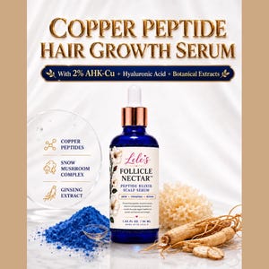 May include: A blue glass bottle of Lele's Follicle Nectar peptide elixir scalp serum with a dropper cap. The label lists 1.83 fl oz. Text includes Copper Peptide Hair Growth Serum, 2% AHK-Cu, Hyaluronic Acid, Botanical Extracts, and ingredients.
