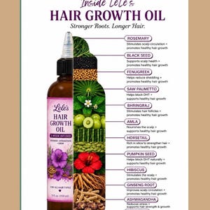 Pode incluir: Um frasco castanho de &oacute;leo de crescimento capilar Lele's com tampa aplicadora preta. O r&oacute;tulo apresenta flores de hibisco roxas e texto incluindo 2-Week Infused e 150 ml. Um infogr&aacute;fico lista ingredientes como alecrim e cominho preto.