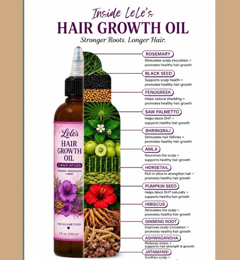 Pode incluir: Um frasco castanho de &oacute;leo de crescimento capilar Lele's com tampa aplicadora preta. O r&oacute;tulo apresenta flores de hibisco roxas e texto incluindo 2-Week Infused e 150 ml. Um infogr&aacute;fico lista ingredientes como alecrim e cominho preto.