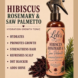 May include: A 9 oz amber plastic spray bottle of Lele's Hair Glow Hibiscus, Rosemary & Saw Palmetto Hydration Growth Tonic. The label features botanical illustrations and text listing benefits like hydrates, promotes growth, and DHT blocker.