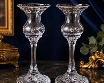 Vintage Rosenthal Crystal Candlesticks Pair – Classic Rose Floral Glass – Elegant German Decor