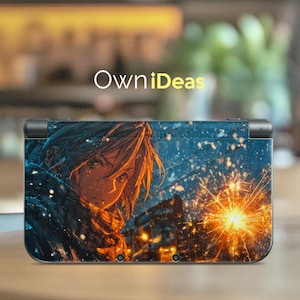May include: A Nintendo 3DS console skin featuring an anime-style illustration of a person with long hair and a scarf, set against a backdrop of a city at night with fireworks. The text "OwniIdeas" is visible.