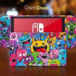 May include: A colorful Nintendo Switch console skin featuring a variety of cartoon characters with bright colors and playful expressions. The skin is designed to fit the Nintendo Switch console and includes a design for both the console and the Joy-Con controllers. The skin is made of high-quality vinyl and is easy to apply and remove.