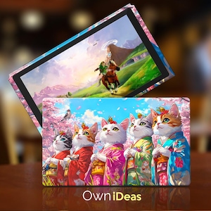 May include: A colorful Nintendo Switch skin featuring five cats in kimonos with cherry blossom branches and a bird. The text "OwnIdeas" is printed at the bottom of the skin.