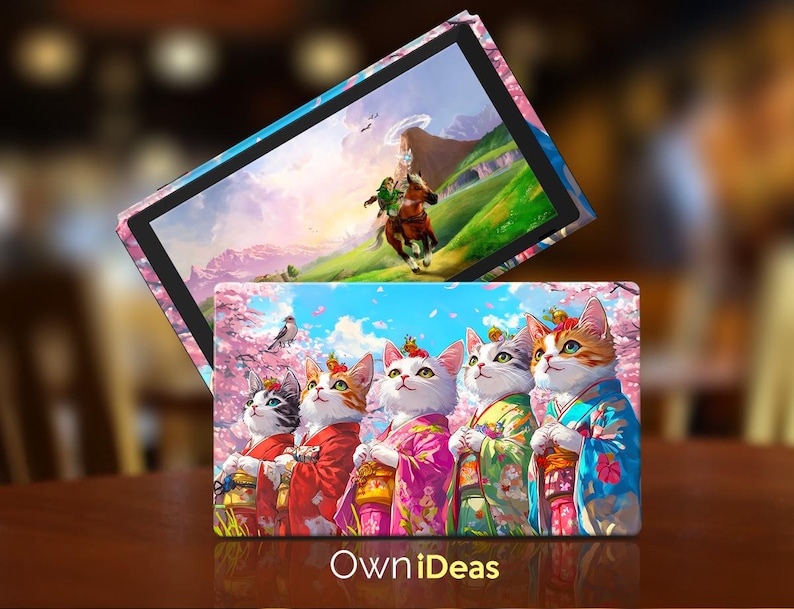 May include: A colorful Nintendo Switch skin featuring five cats in kimonos with cherry blossom branches and a bird. The text "OwnIdeas" is printed at the bottom of the skin.