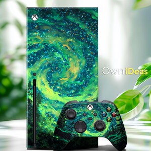 Vinilo para Xbox Series X, diseño de galaxia verde, adhesivo para mando con aurora boreal, pegatina mágica del cielo nocturno, regalo para gamers.