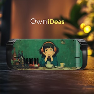 May include: A black handheld games console with a green and brown artistic design. The design features a girl wearing headphones, seated at a table. The text "OwniIdeas" is displayed in white.
