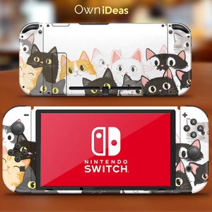 May include: White Nintendo Switch console skin with a design of multiple cats in various poses. The cats are black, white, orange, and gray. The skin is designed to fit the front and back of the console. The text "NINTENDO SWITCH" is printed on the front of the console.