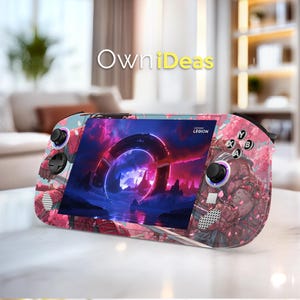 May include: A Lenovo Legion handheld gaming device with a custom skin featuring a vibrant pink and blue cherry blossom design. The screen displays a futuristic landscape. The device has black control sticks and buttons. The text "OwniDeas" is visible.