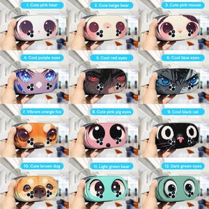 May include: A collection of twelve VR headset cases, each with a unique cartoon animal or eye design. The cases feature various colors, including pink, beige, orange, and black, with text labels such as "Cute pink bear" and "Cool blue eyes".