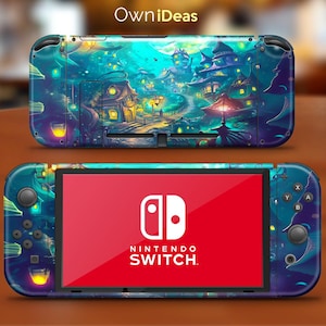 Puede incluir: Una piel para consola Nintendo Switch azul y morada con una escena de ciudad de fantasía. La piel representa una ciudad colorida con edificios, árboles y luces. El texto "OwnIdeas" está impreso en la parte superior de la piel.