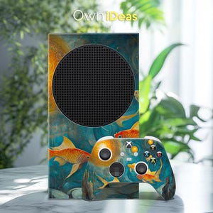 May include: A blue and gold Xbox Series X console skin with a design of goldfish swimming in water. The skin is shown on a console and a matching controller. The text "OwnIdeas" is printed at the top of the image.