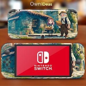 Puede incluir: Una consola Nintendo Switch con una piel personalizada que presenta una escena de pueblo con dos figuras que llevan pan. La pantalla muestra el logotipo de Nintendo Switch en blanco sobre un fondo rojo. La parte superior de la consola tiene el texto "OwniDeas".