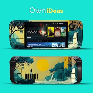 May include: A handheld gaming console with a landscape design featuring a yellow sun, waterfalls, and trees. The screen displays the word "cocoon" and other app icons. The text "OwniIdeas" is at the top.