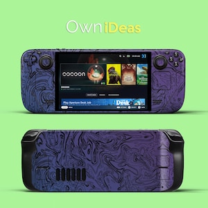May include: A handheld gaming console with a purple and blue marbled design. The screen displays a game interface. The console has buttons and joysticks on either side. The text "OwniIdeas" is at the top.