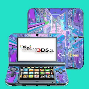 May include: A purple and blue New Nintendo 3DS XL console with a city skyline design. The console is open and shows the home screen with various icons. The text "new NINTENDO 3DS XL" is displayed on the top screen. The text "OwnIdeas" is displayed on the bottom screen.